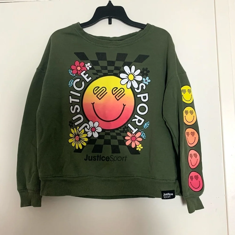 Justice Sport Olive Green Smiley Floral Sweatshirt Medium